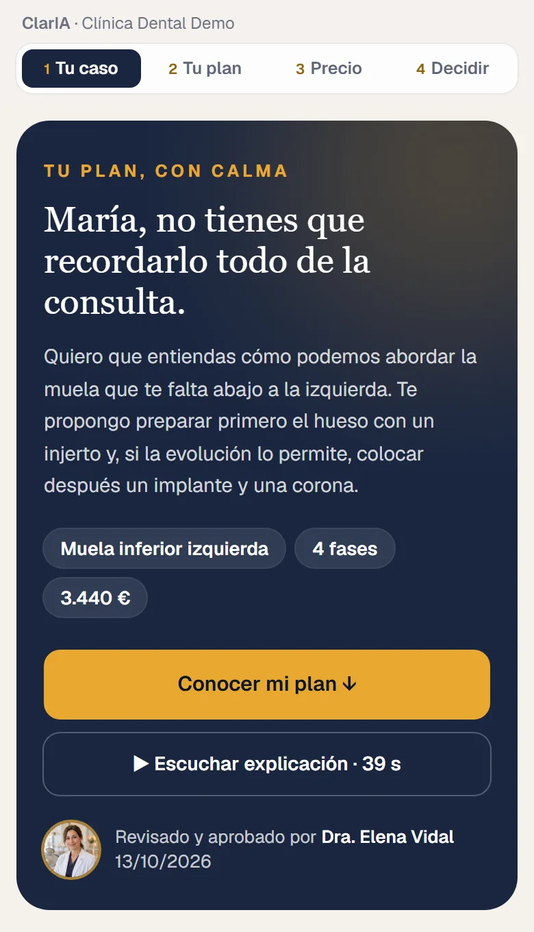 El plan de una paciente en ClarIA Dental, en su móvil: qué le pasa, las cuatro fases, el precio y el botón «Conocer mi plan»